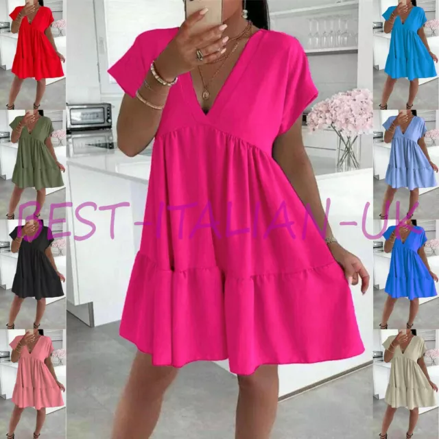 Ladies V Neck Smock Dress Women's Summer Beach Pleated Swing Mini Dress Top Plus