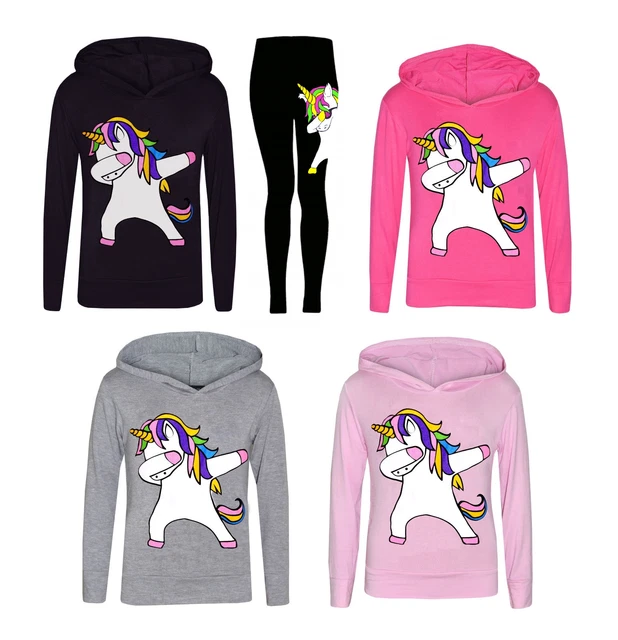 Dabbing Floss Ragazze Arcobaleno Unicorn con Cappuccio Top O Corto Set Leggings