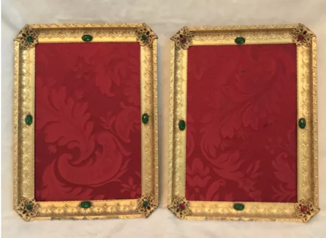 2 Antique French Dore' Bronze Gold Green Cabochon Stone Jeweled Picture Frames