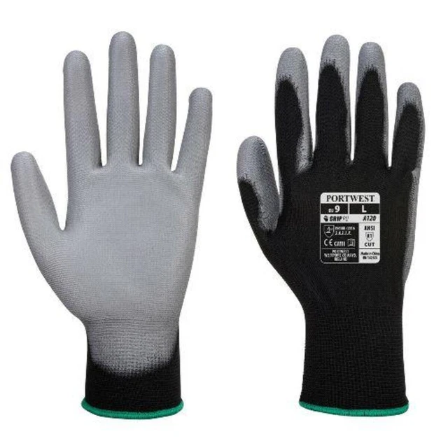 Guantes de palma de PU para juego Portwest A120 - paquete de 12 pequeños negros/grises pequeños negros/grises