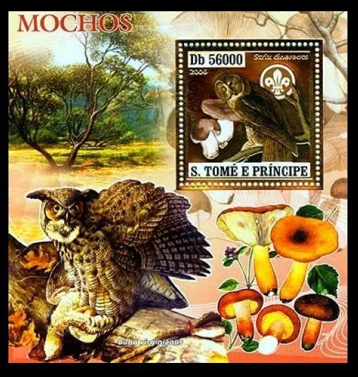 Sao Tome 2006 MNH SS, Owl, Gold Odd Embossed Stamps, Birds, Scout Logo, Mushroom