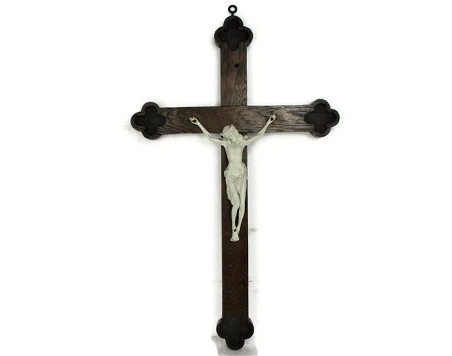 XL Hand Carved Wood  French Hanging Ornate Crucifix Bisque Corpus Jesus 28.74"