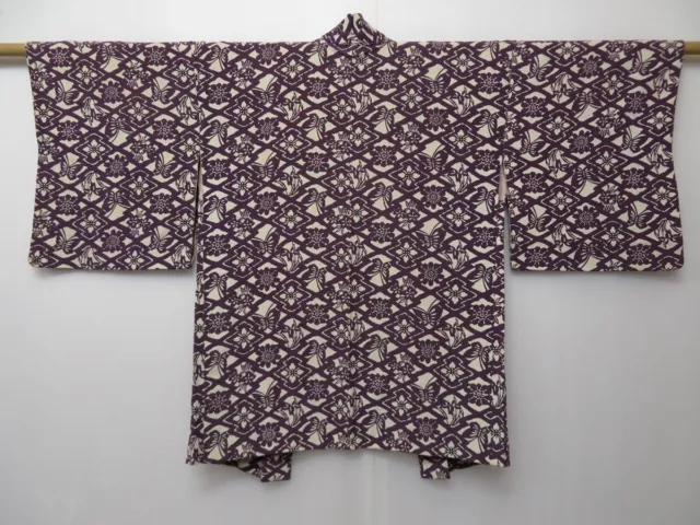 0818T02z550 Vintage Japanese Kimono Silk HAORI Dull purple Butterfly
