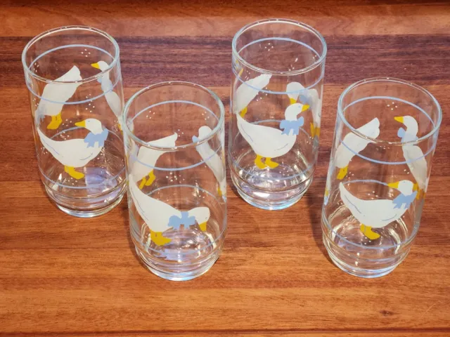 4 Vintage Libby Drinking Glasses Country White Goose With Blue Ribbon Bow Geese