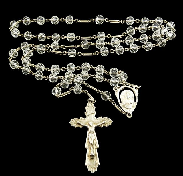 Sterling Silver Rosary with Clear Glass Beads Starburst Crucifix Sacred Heart
