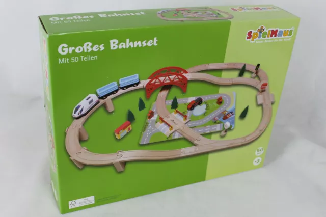 SpielMaus Holzeisenbahn Bahn-Set mit Brücke, 50-teilig