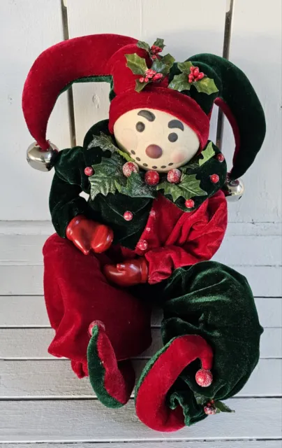 Christmas Jester Elf Holly Velvet Doll Decor 19x8"  Porcelain Face & Mittens