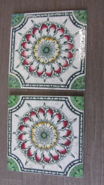Antique Victorian 2 x Fireplace Tiles Floral Design Transfer print 7,8