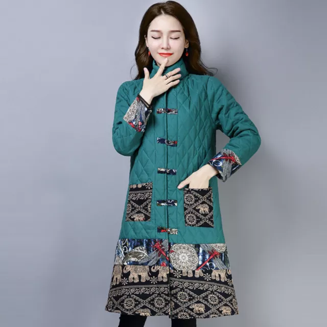 Lady Quilted Jacket Ethnic Retro Puffer Coat Frog Button Padded Outerwear Winter 3