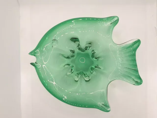 Vintage Dish Trinket Hand Blown Green Glass Fish Candy Decorative Soap Art