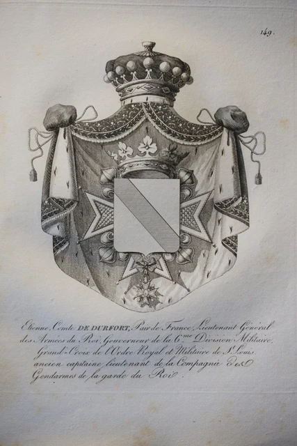 GRAVURE BLASON HERALDIQUE Comte De Durfort Armoiries Restauration 1815 