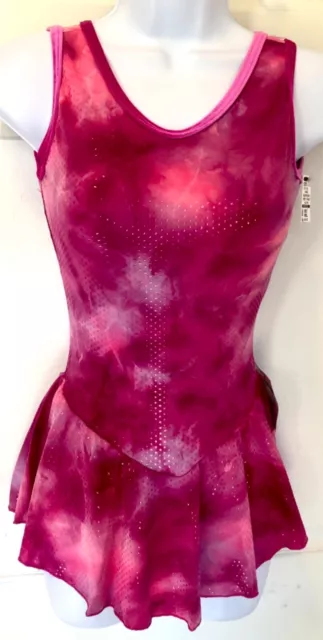 GK ICE FIGURE SKATE PINK TIE-DYE ADULT SMALL SLVLS DOTTED FOIL PRINT DRESS Sz AS