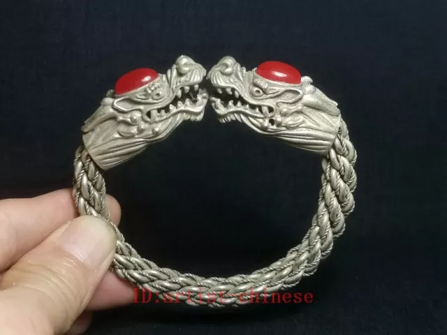 Old Chinese Tibet Silver Handmade Dragon Inlaid Jewelry Bracelet gift Collection