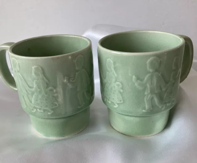 Vintage Stackable Coffee Mugs Ceramic Japan Green Retro MCM 1970s Set of 2