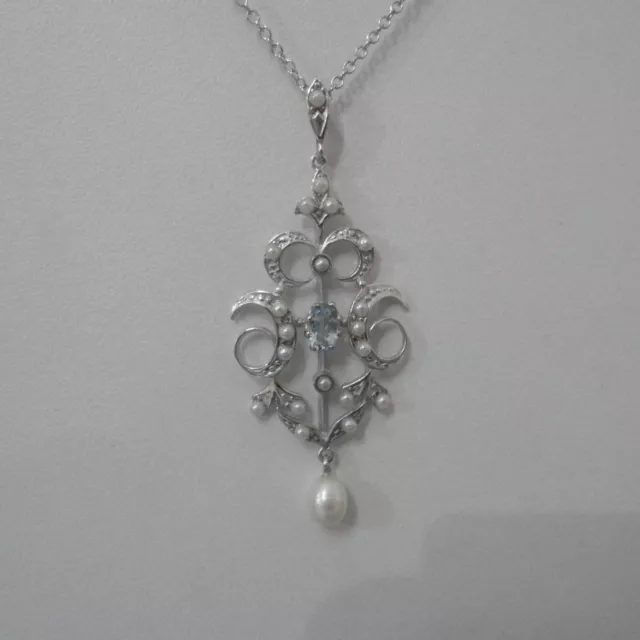 Aquamarinschmuck Aqua Perle Anhänger Kette Jugendstil Vintage Retro Silber 925/-