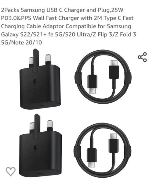 2Packs Samsung USB C Charger and Plug,25W PD3.0&PPS Wall Fast Charger with 2M...