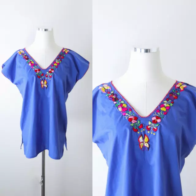 Handmade Size M Butterfly Embroidered Blouse Oaxacan Huipil Boxy V Neck Top Blue