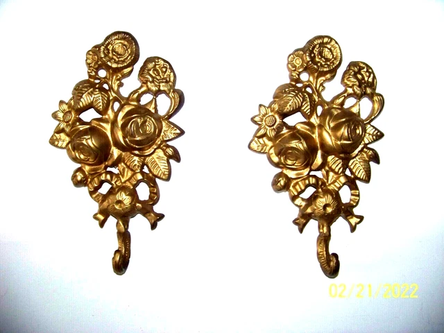 Rare Antique Pair Wall Hooks Brass Floral Bouquet Roses L@@K--FREE SHIPPING