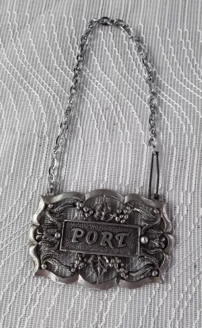 Vintage Port Wine Metal Decanter Label Looks English Pewter & On Chain