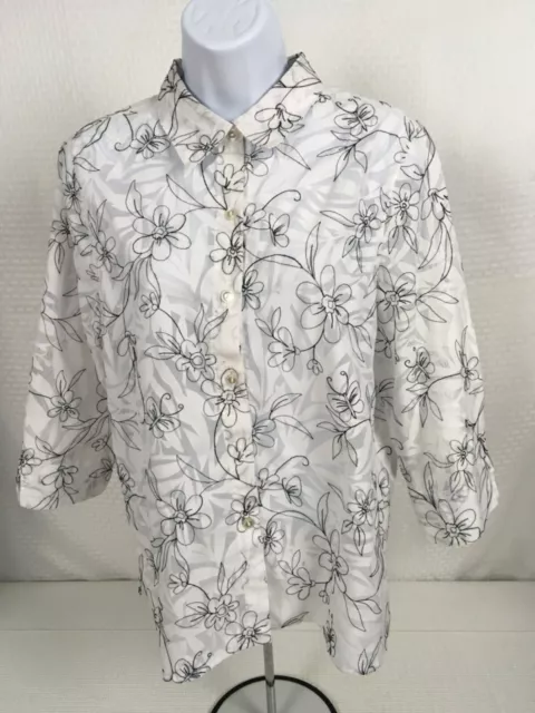 ALFRED DUNNER WOMENS Top Size 16P White with Black Floral Semi Sheer ...