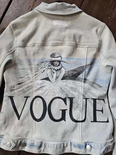 Hand Painted Denim Jean Jacket - VOGUE Inspired Breakwater Lighthouse - Wms M