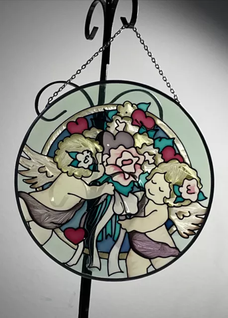 6.5”x6.5” Antique Stained Glass Window, Sun catcher, 2 Flying Shrubs With Flower