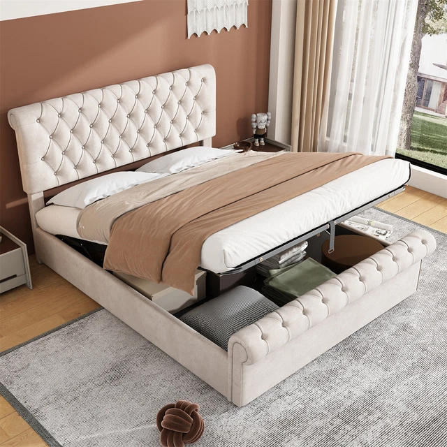 KING SIZE OTTOMAN Gas Lift Storage Bed Velvet Upholstered Bed Frame