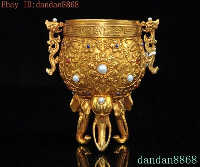 Old Chinese China dynasty bronze 24k gold Gilt inlay gem Wine vessel Goblet Cup