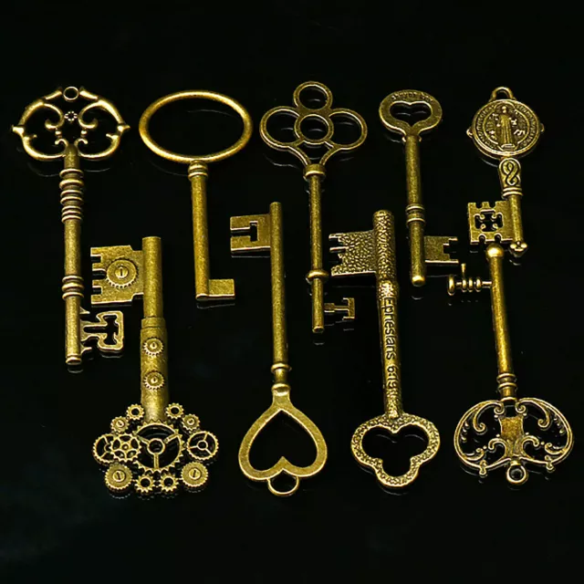 9pcs Keys BIG Large Antique Vintage old Brass Skeleton Lot for DIY Making Lock