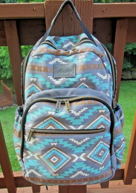 KELTY BACKPACK DIAPER BAG Gray Turquoise Azrec Print Changing Pad Bottle Pockets