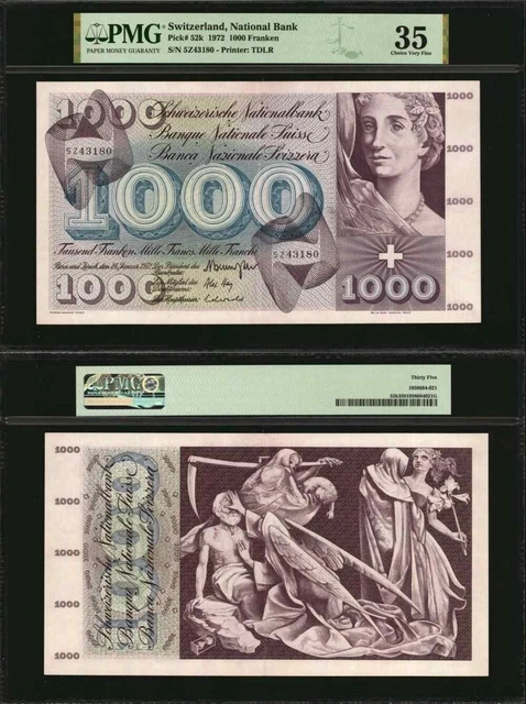 1972 Banknote Switzerland 1000 Francs Dance Macabre P# 52k PMG Choice VF 35