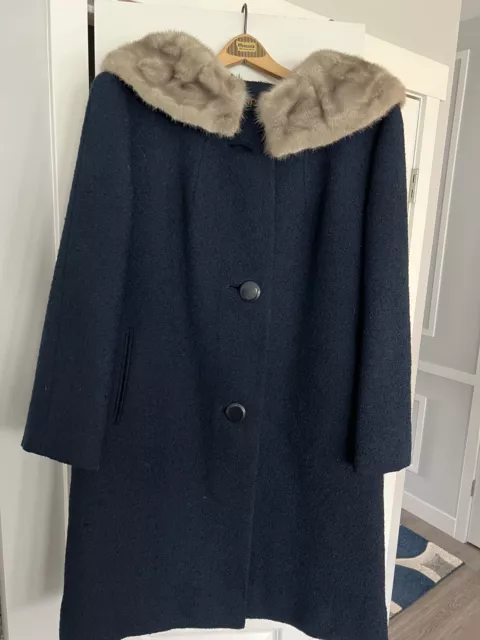 Vtg Shagmoor Blue Wool Blended Mink Collar Coat M/L