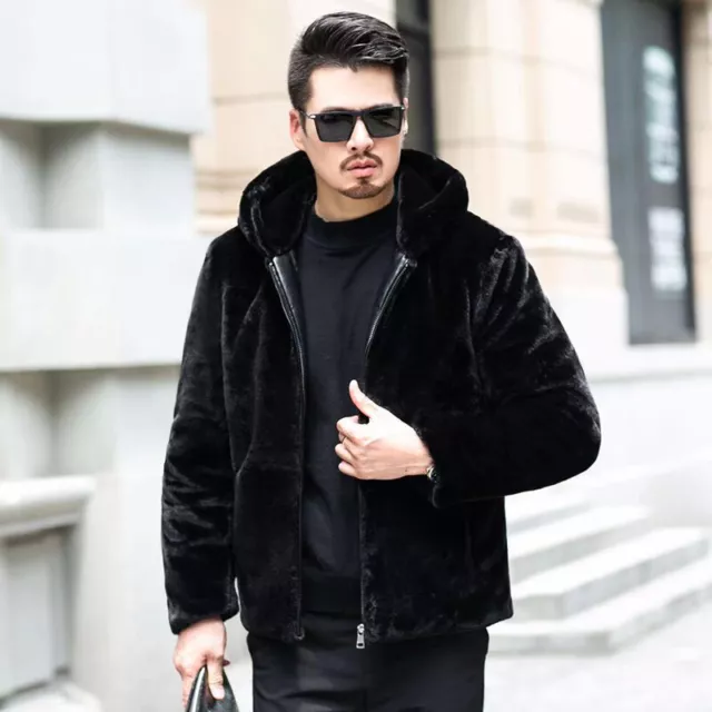 Uomo Caldo Inverno Pelliccia Finta Giacca con Cappuccio Zip Cappotto Parka Soft