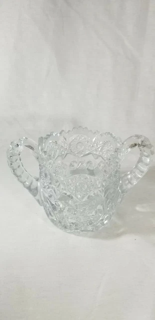 Clear Cut Glass Crystal Open Sugar Bowl Sawtooth Edge Double Handled Vintage