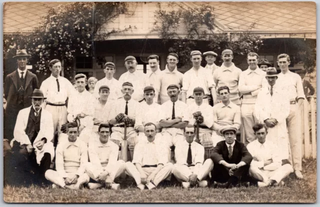 Cricket Team Photo White Shirts Coach & Players Sport RPPC Vintage Postcard