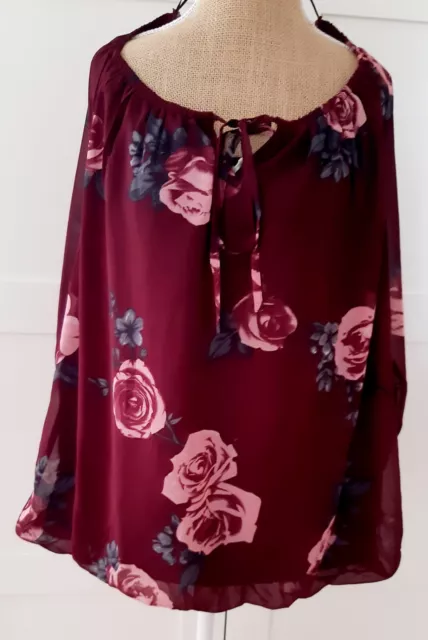 Bodyflirt Ladies Bardot Burgandy Wine Rose Floral Print Blouse Top Size 22 New