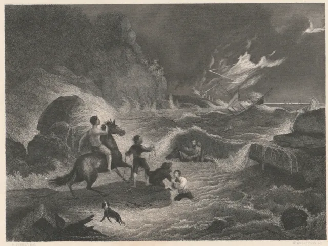 19th Century original steel engraving THE STORM AND SHIPWRECK, Alvin Fisher