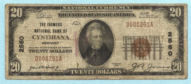 $20 National Currency 1929 T1 - Ch#2560 - Farmers NB, Cynthiana, KY - F+/VF