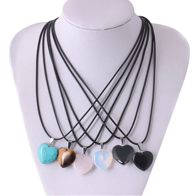 Necklace Leather Heart Chakra Natural Stone Healing Heart Quartz Crystal Pendant