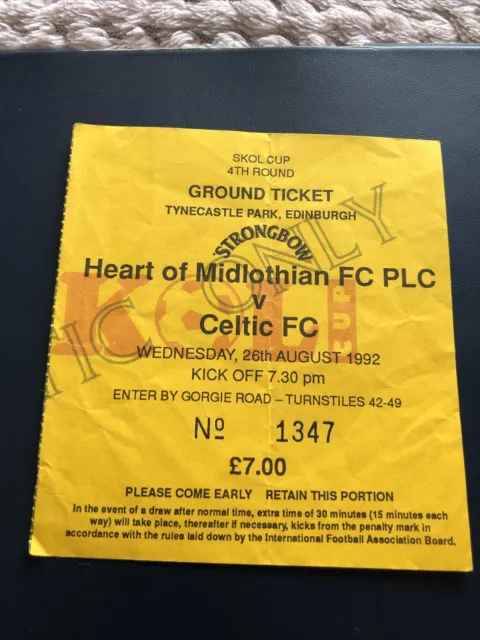 Hearts V Celtic Skol Cup 4R 26th Aug 1992..Match Ticket