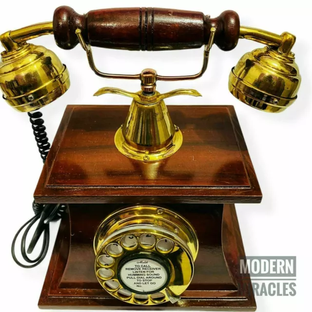TELEPHONE NAUTICAL SOLID Brass Rotary Dial Working Wooden Telephone £122.09  - PicClick UK