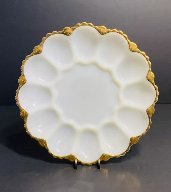 Anchor Hocking Fire King Milk Glass Deviled Egg/Oyster Plate Scalloped Gold Trim