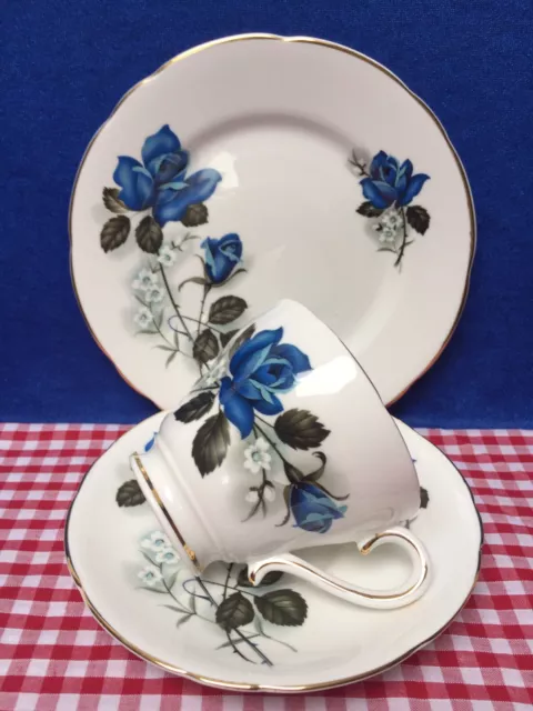 Vintage SALISBURY English Bone China, 'Blue Rose & Gold' Tea Trio c.1960's VGC