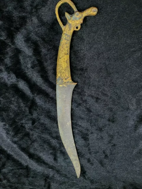 Scarce Ancient Rare Grecko Bactrian Era Bronze Dagger With Gold Gilding Ram Head