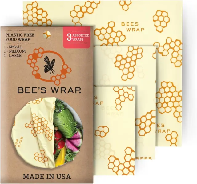 Beeswax Food Wraps Reusable Made in the USA, 3 Pack Sustainable Food Wrap