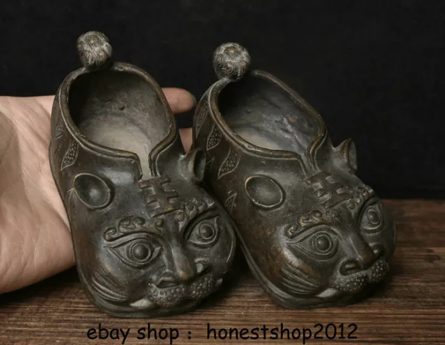 4.8 "Sammle seltene chinesische Bronze Dynastie Palace Tiger Head Schuhpaar 2