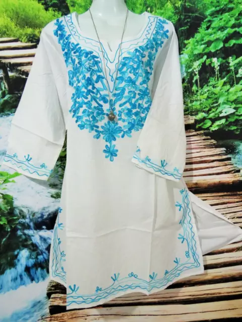Boho Peasant 100% Cotton Blue & White Embroidered Tunic  Top 120 Cms🐦  Last 1