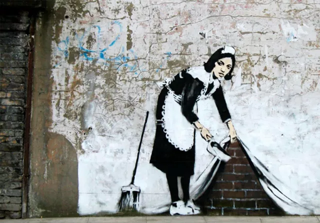 Banksy Framed Canvas Street Graffiti Painting Women Cleaning Wall Print Art