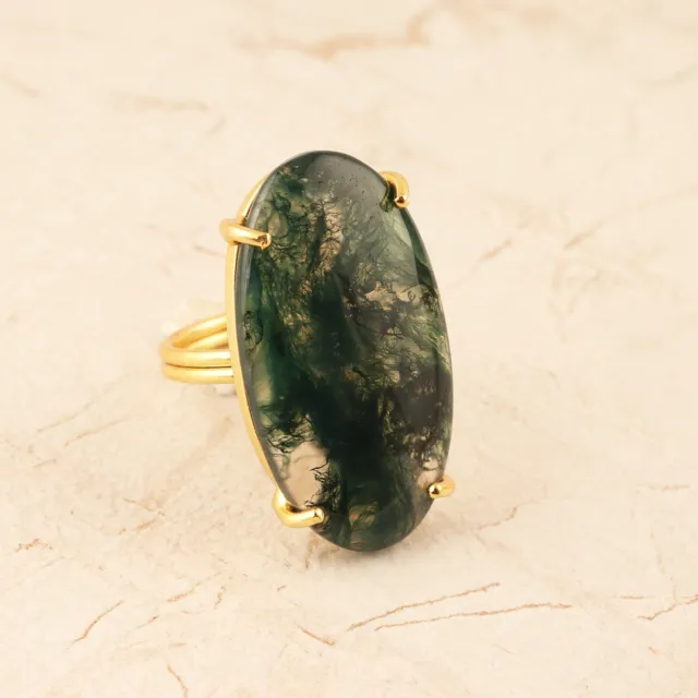 Oval Natural Moss Agate Gold Plated Double Leyar Adjustable Ring Jewelry For Her