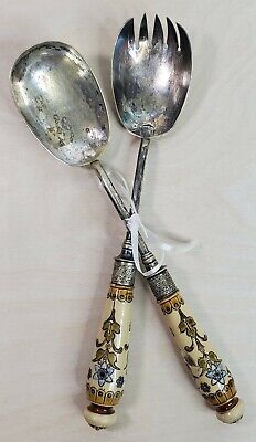 Silver Plated Serving Fork and Spoon Distressed Ceramic Cracked Handles 10.75" 2